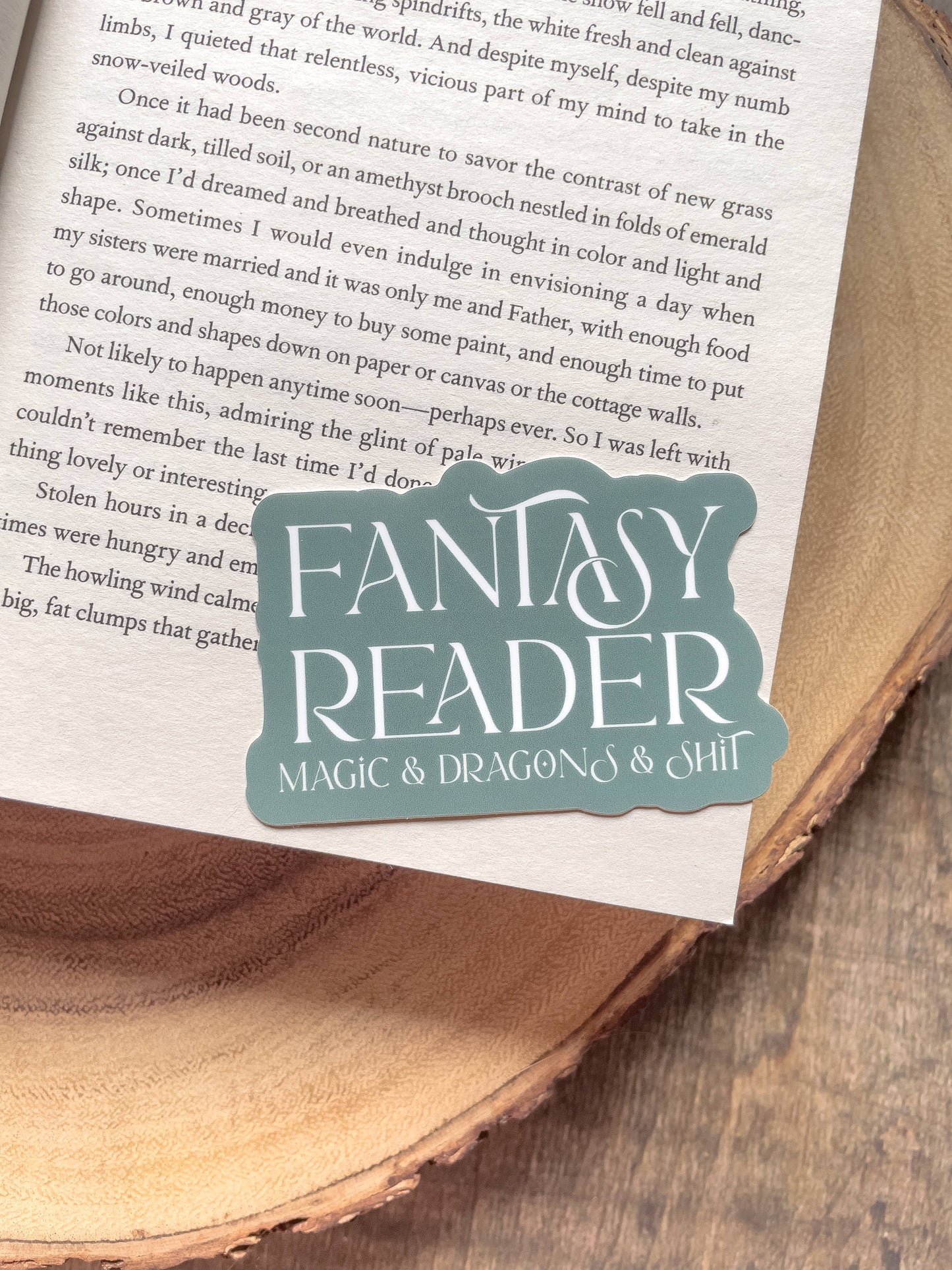 Fantasy Reader | Magic & Dragons & Shit Vinyl Sticker: Sage Green