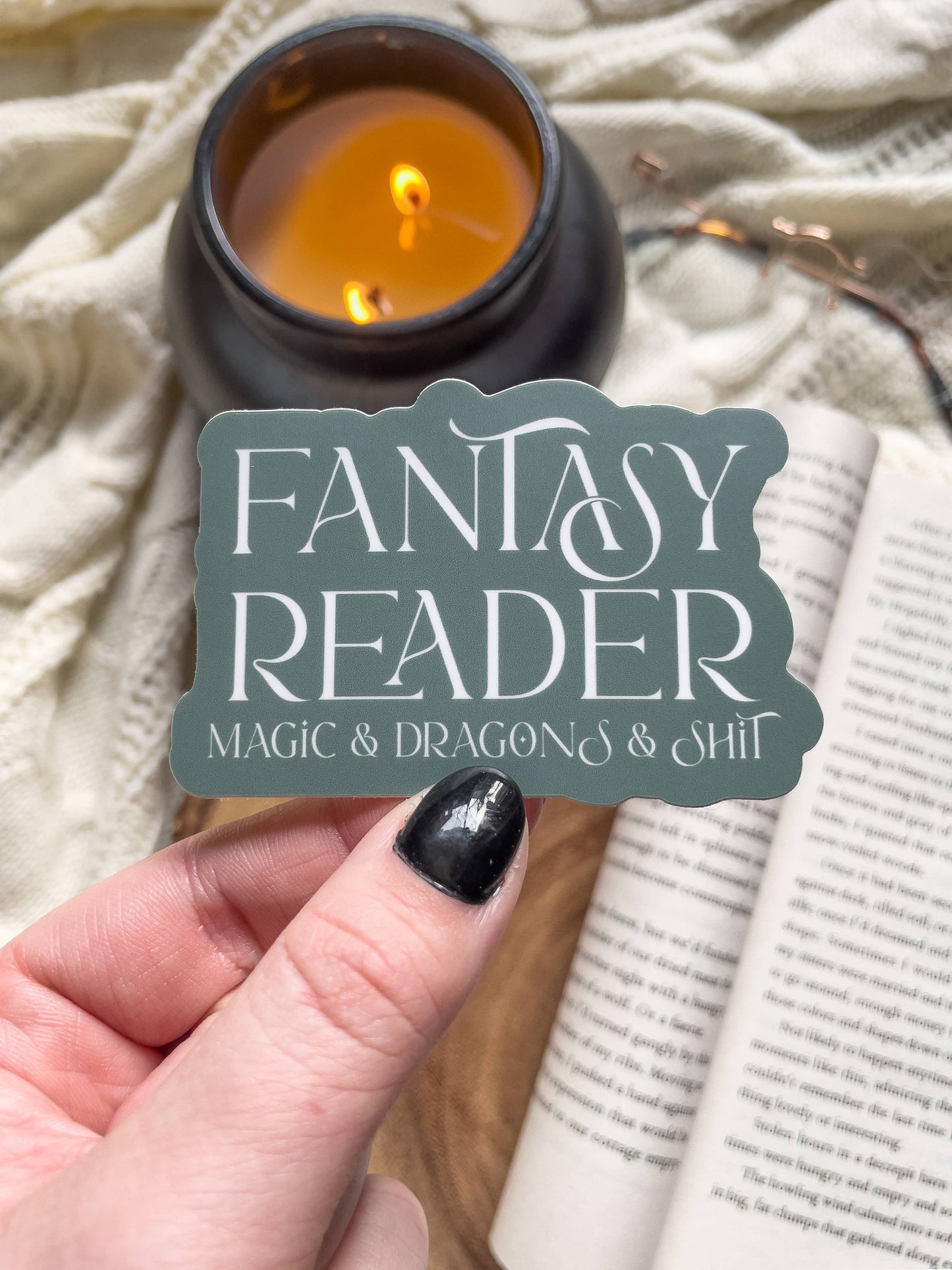 Fantasy Reader | Magic & Dragons & Shit Vinyl Sticker: Sage Green